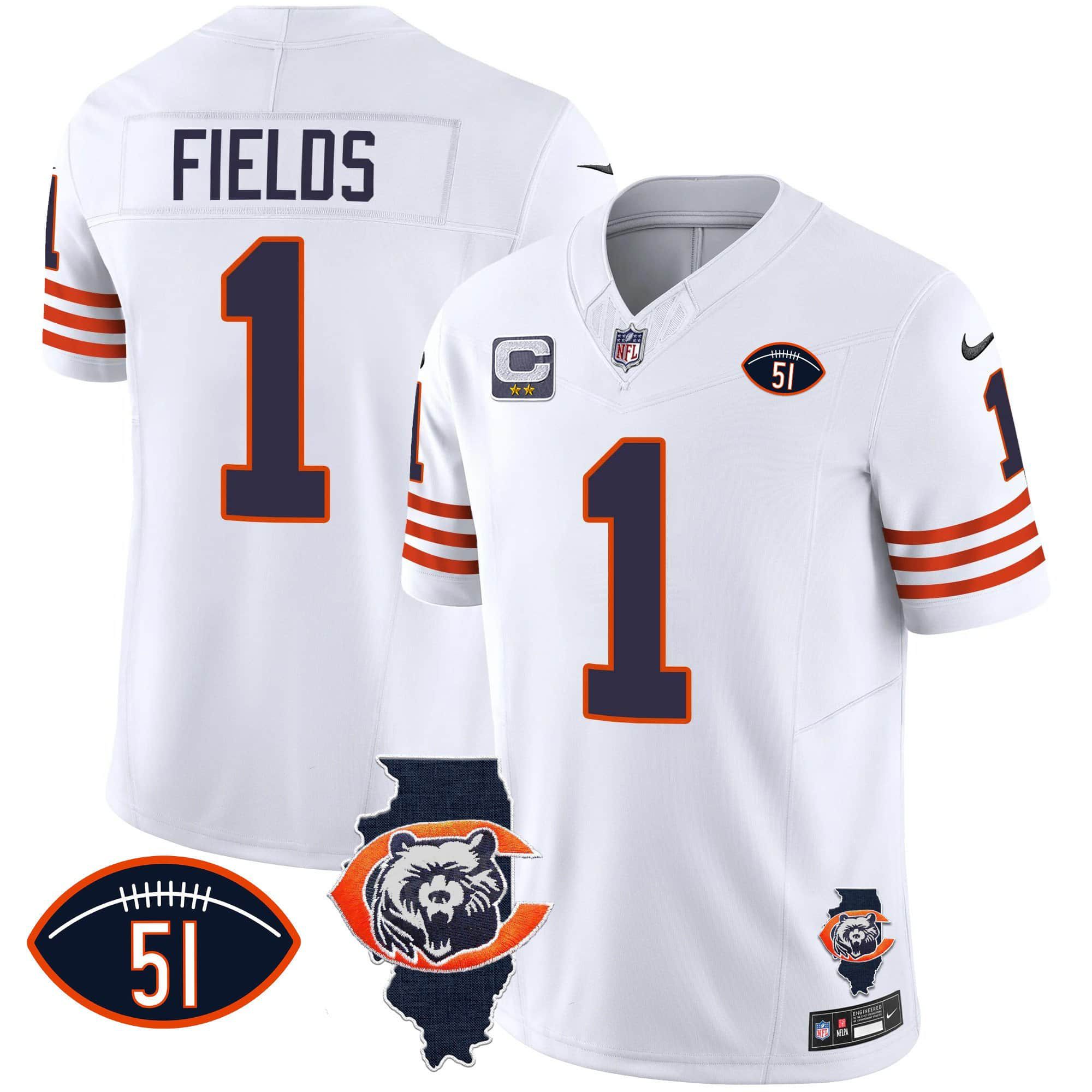 Men Chicago Bears 1 Fields White 2024 Nike Throwback Illinois Patch Vapor NFL Jersey
